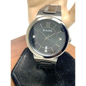 Bulova Mens Watch 98D162 Quartz Gunmetal Black Diamond Dial Stainless Steel 41mm